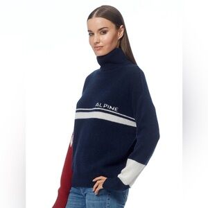 360 Cashmere Sz L Cashmere Colorblock Navy Red Alpine Ski Turtleneck Sweater